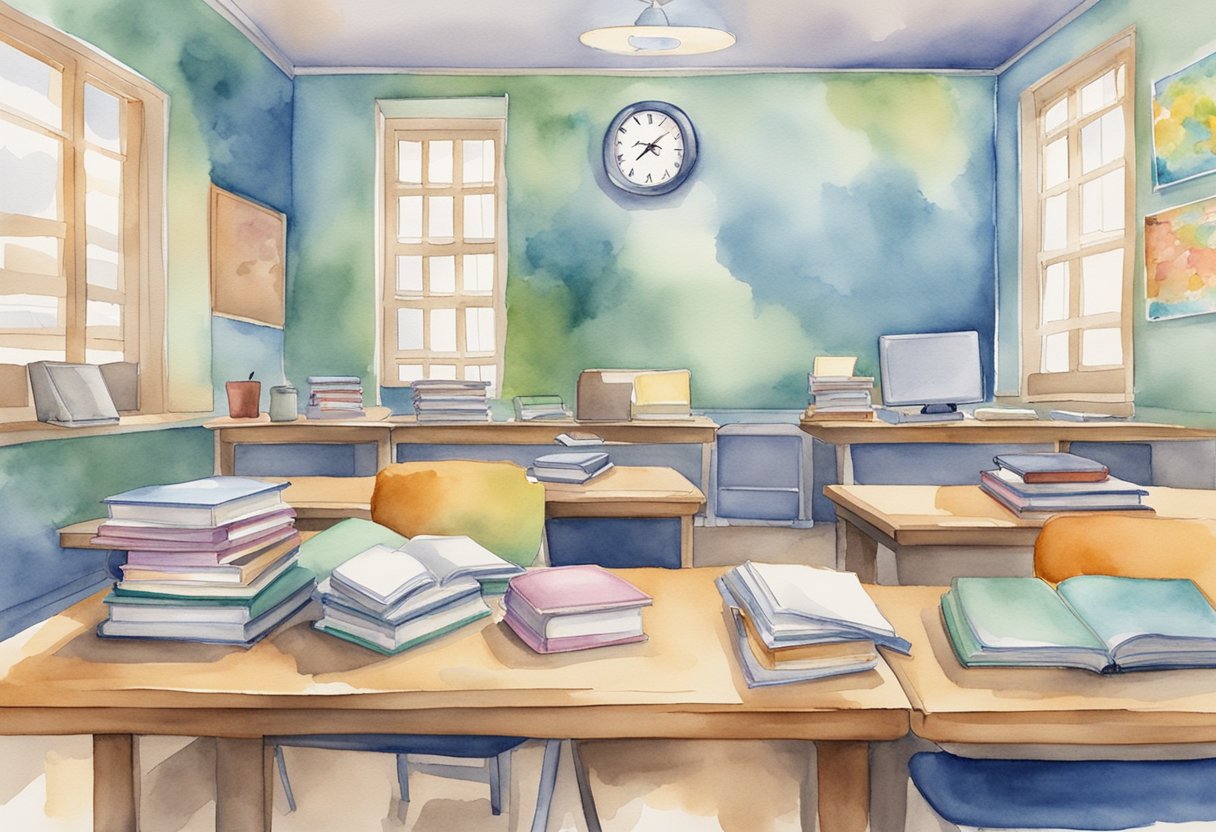 A classroom setting with books, computers, and educational materials, with a clock showing work hours