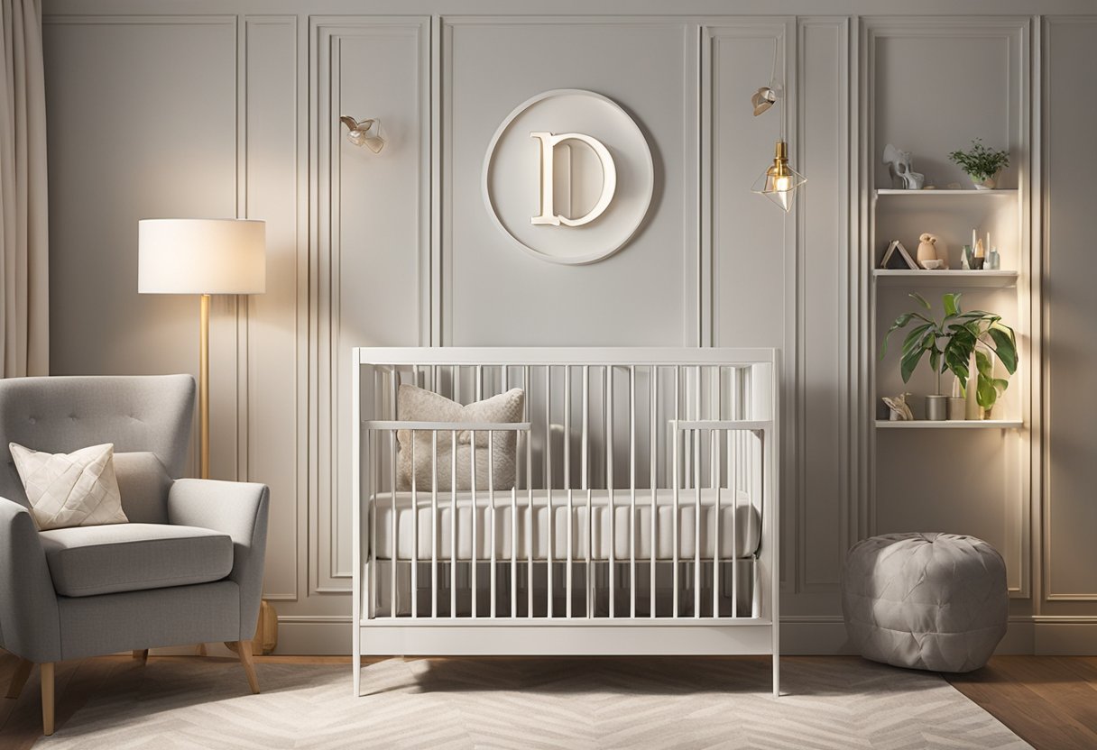 A sign with "Dawson" in bold letters hangs above a crib in a cozy nursery