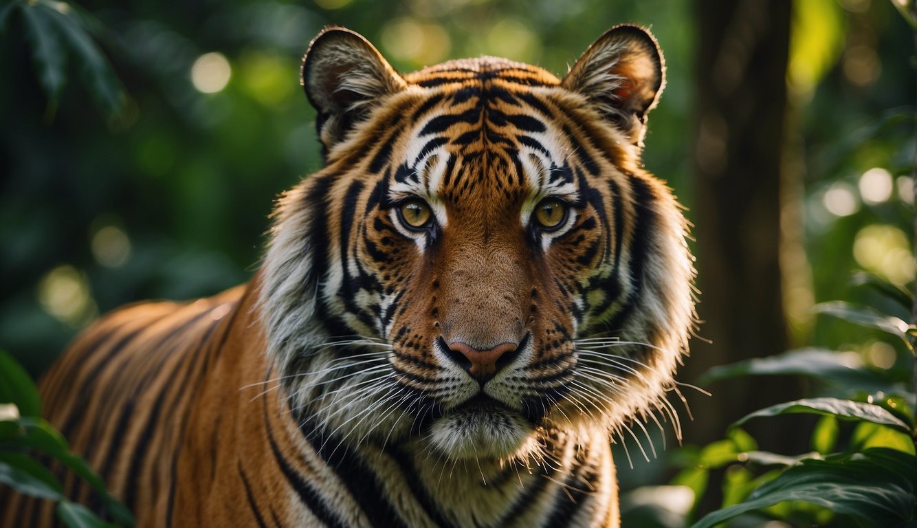 An Indochinese tiger prowls through a dense, tropical forest, its powerful muscles rippling beneath its sleek, orange fur.

The vibrant greens and browns of the jungle contrast against the tiger's striking coat, creating a scene of both beauty and