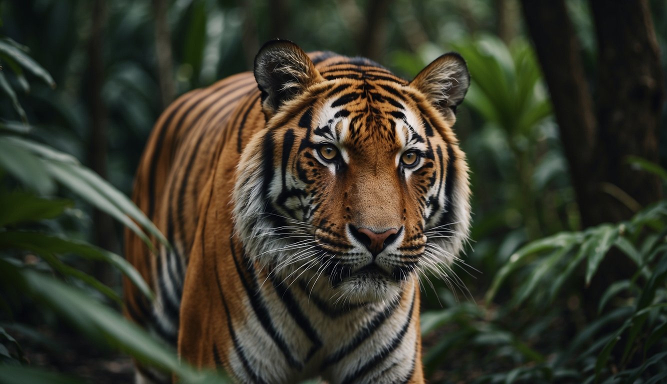 An Indochinese tiger roams through a dense, lush jungle, its powerful muscles rippling beneath its sleek orange and black fur.

The tiger's piercing gaze reflects both strength and vulnerability as it navigates its shrinking habitat