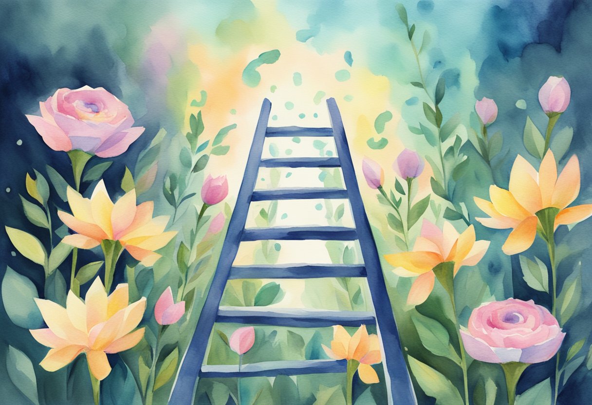 A ladder reaching towards a glowing dollar sign, surrounded by blooming flowers and upward arrows