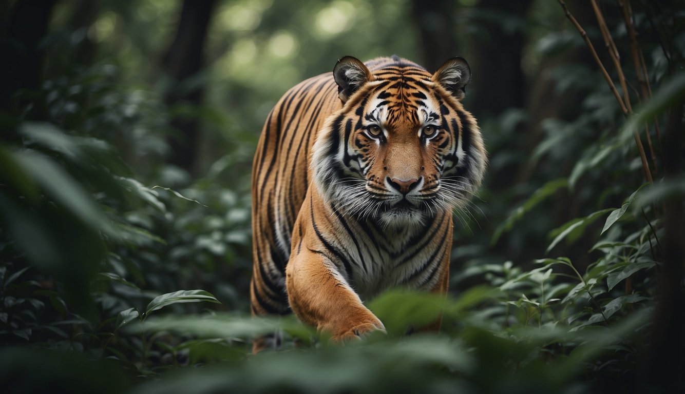 A majestic Indochinese tiger prowls through dense jungle foliage, its powerful muscles rippling as it surveys its territory.

The vibrant greenery and rich biodiversity of the habitat create a stunning backdrop for the endangered species