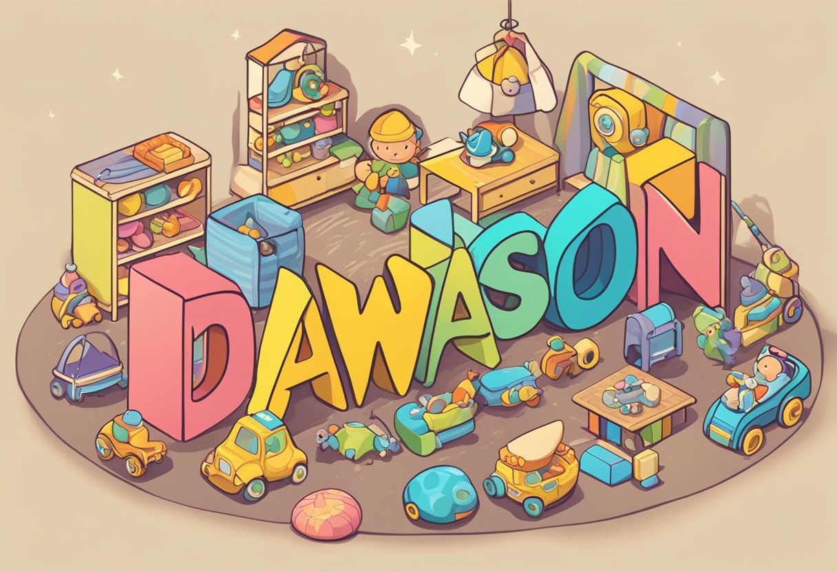 A baby name "Dawson" written on a colorful name tag, surrounded by playful baby toys and a cozy nursery setting