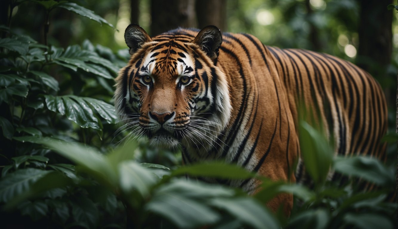 A majestic Indochinese tiger prowls through a dense jungle, its powerful muscles rippling beneath its sleek coat.

The lush green foliage provides the perfect backdrop for this endangered species, highlighting the urgency of its plight