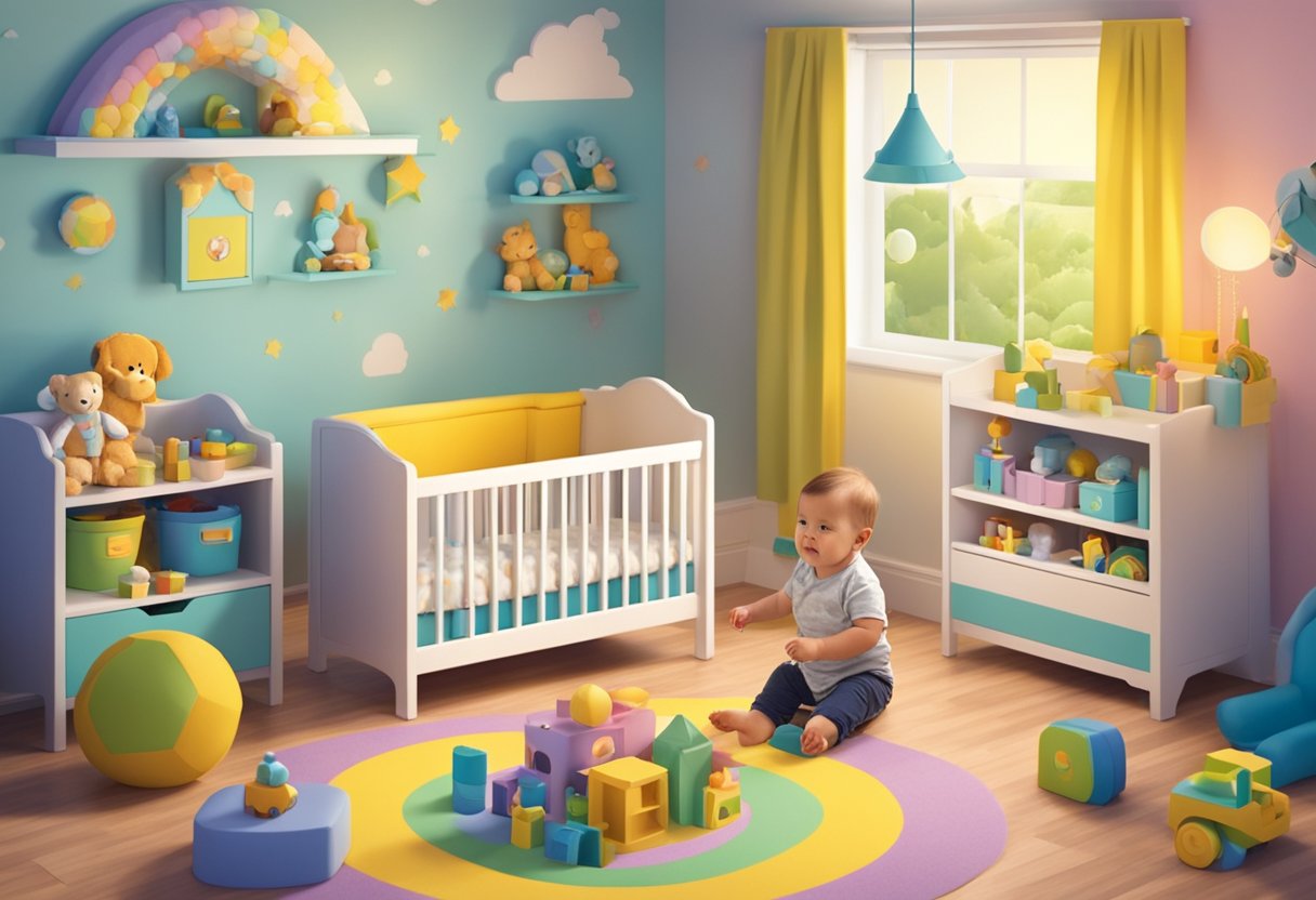 A baby named David playing with toys in a colorful nursery