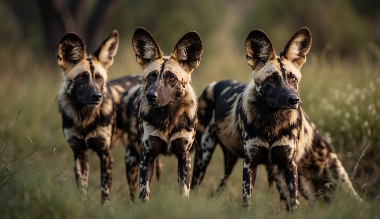 A pack of African wild dogs hunts together in the savannah, their distinctive mottled coats blending with the grass and shrubs.

A mother tends to her playful pups, while the alpha male keeps a watchful eye on the surroundings