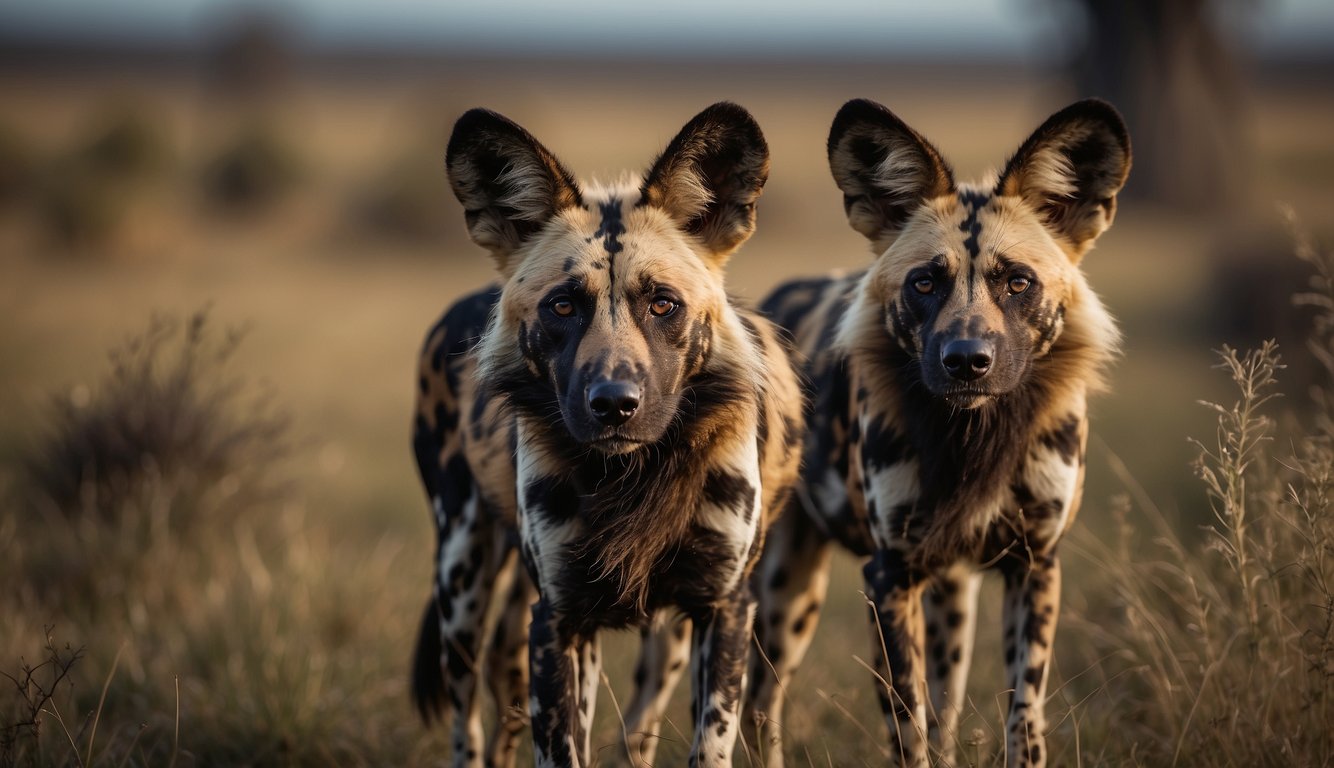 African wild dogs roam the savannah, their distinctive mottled coats blending into the grasslands.

They move together in a coordinated pack, their keen eyes scanning for prey