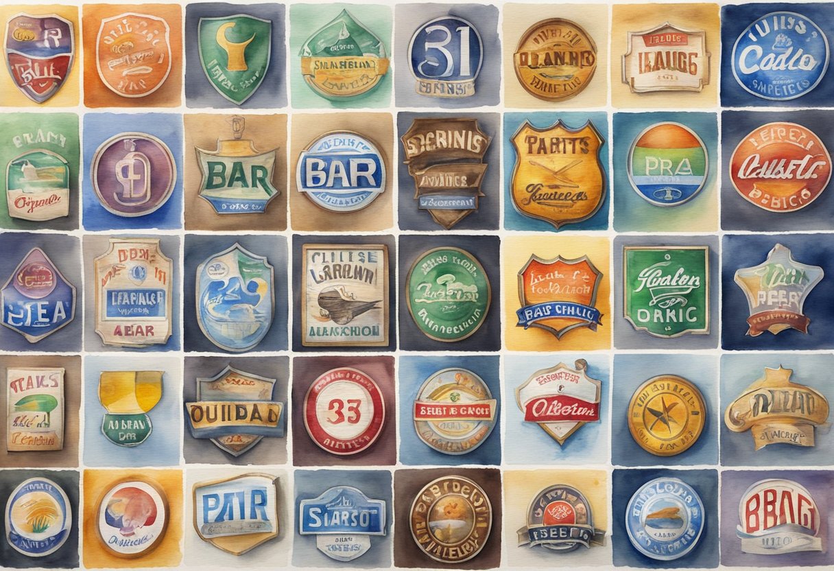 A colorful array of bar signs and logos, each representing a unique bar name idea, hang on a wall