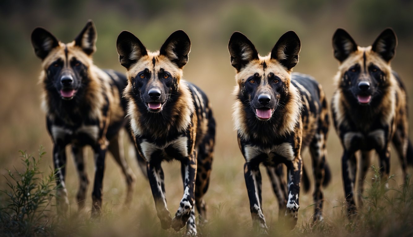 A pack of African wild dogs hunts for food in the savannah, alert to potential threats from predators and human encroachment
