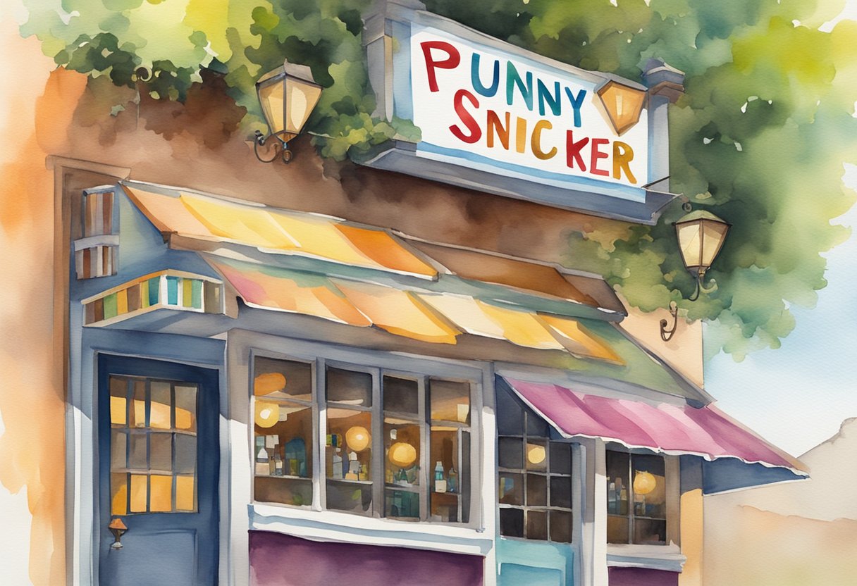 A colorful sign hangs above a quirky bar, with a clever and humorous name like "Punny Pint" or "Sip and Snicker". Laughter spills out from within