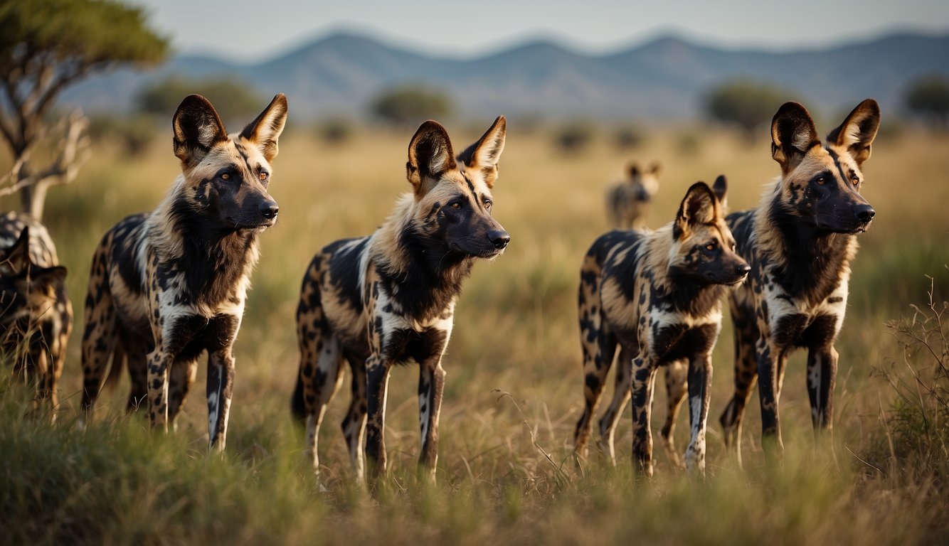 A pack of African wild dogs roam the grassy savannah, their distinctive mottled coats blending in with the surrounding vegetation.

They move with purpose, their keen eyes scanning the horizon for potential prey
