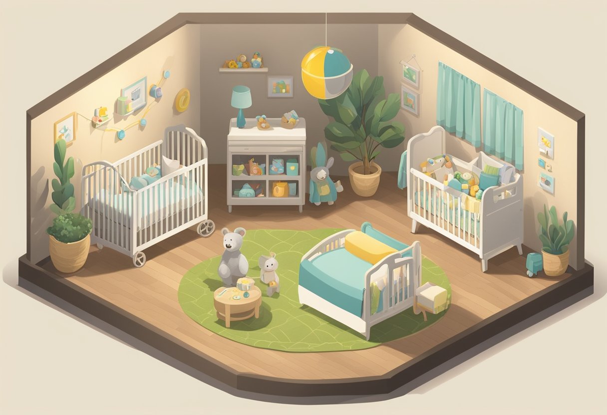 A nursery with a crib labeled "Dallas," surrounded by gender-neutral toys and decor