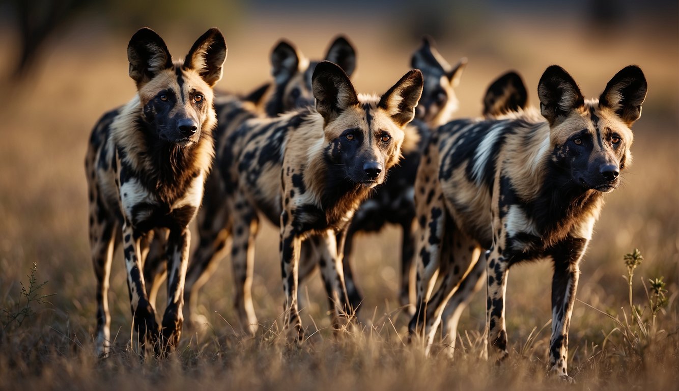 A pack of African wild dogs roam the savannah, their distinctive mottled coats blending into the grasslands as they hunt for prey