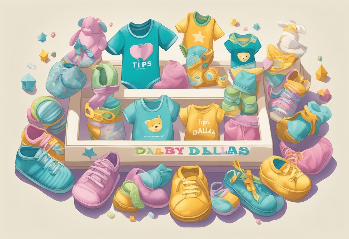 A colorful array of baby items, like rattles and onesies, surround a sign reading "Naming Tips and Ideas: Baby Name Dallas."