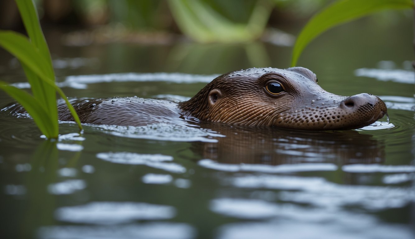A platypus swims gracefully in a tranquil river, its unique bill and webbed feet on display.

The surrounding lush vegetation and gentle ripples add to the serene atmosphere