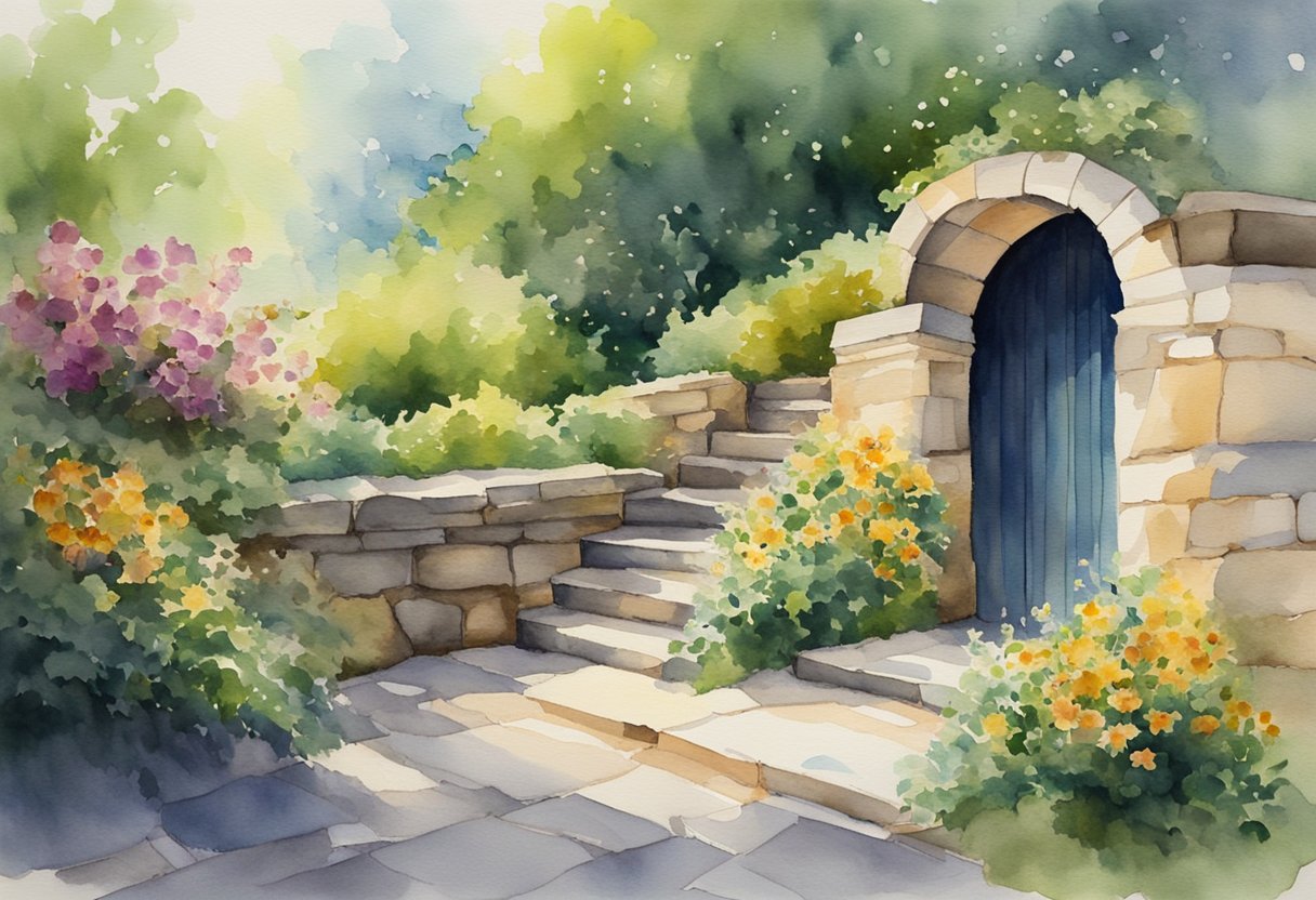 A small alcove in a stone wall, filled with lush greenery and colorful flowers. Sunlight filters through the leaves, creating dappled patterns on the ground