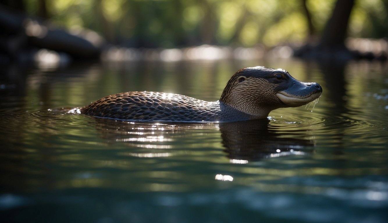 A platypus swims gracefully in a tranquil river, its webbed feet propelling it through the water.

Its sleek body and bill are illuminated by the dappled sunlight filtering through the trees above
