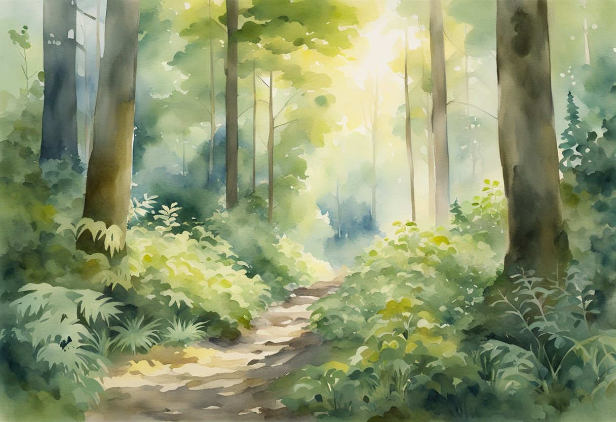 A serene forest clearing with sunlight filtering through the canopy, highlighting a variety of plant life and small animals