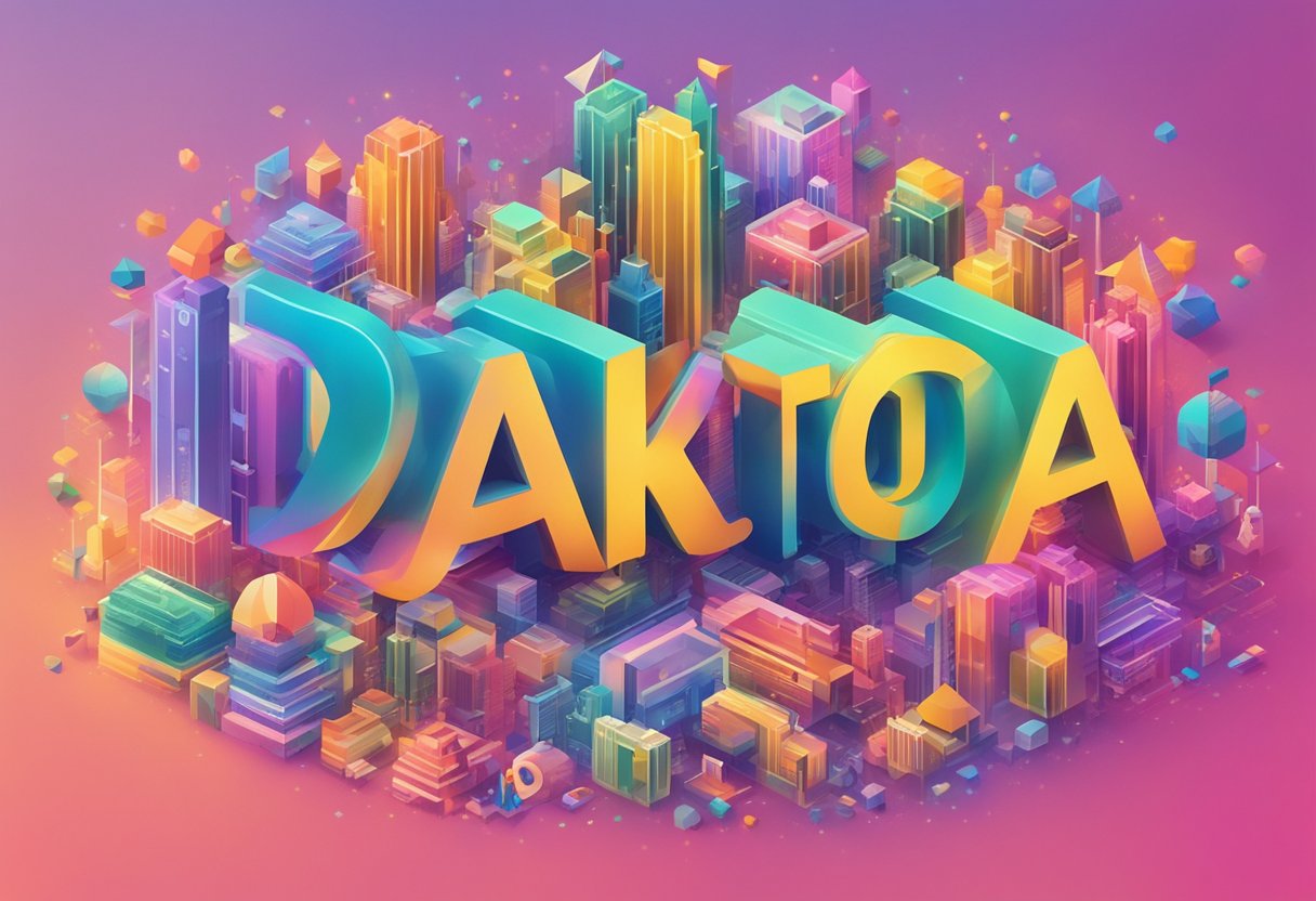 A gender-neutral name "Dakota" written in bold letters on a colorful background, surrounded by diverse symbols of popularity and acceptance