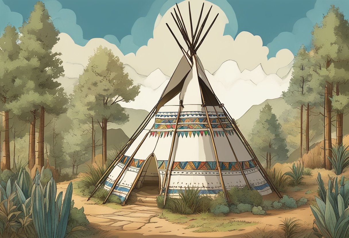 A traditional Dakota teepee adorned with symbols and colors, surrounded by sacred plants and animals, with the name "Dakota" inscribed in the center
