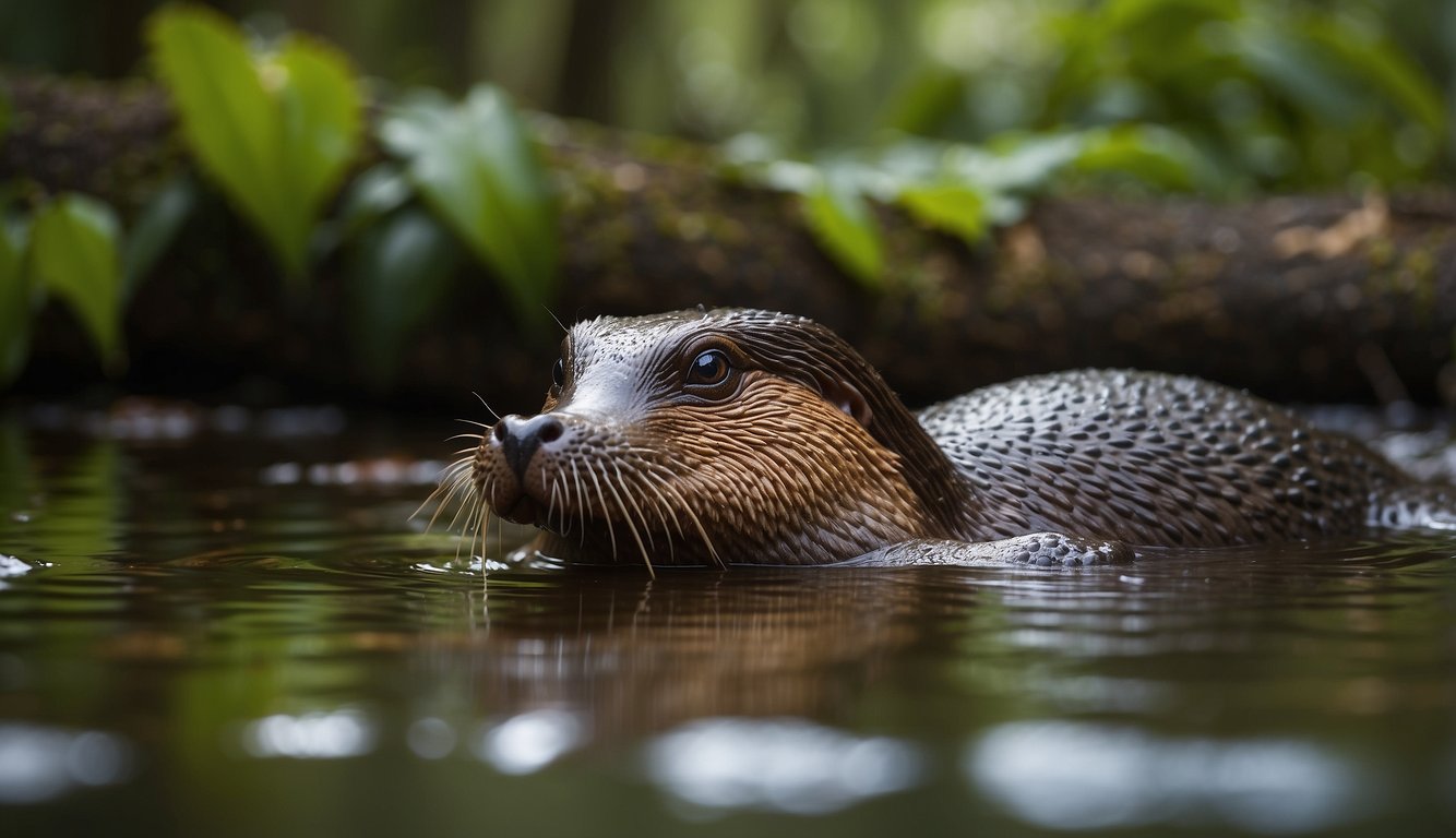 A platypus swims in a freshwater stream, surrounded by lush vegetation and fallen logs.

Threats like pollution and habitat destruction loom nearby
