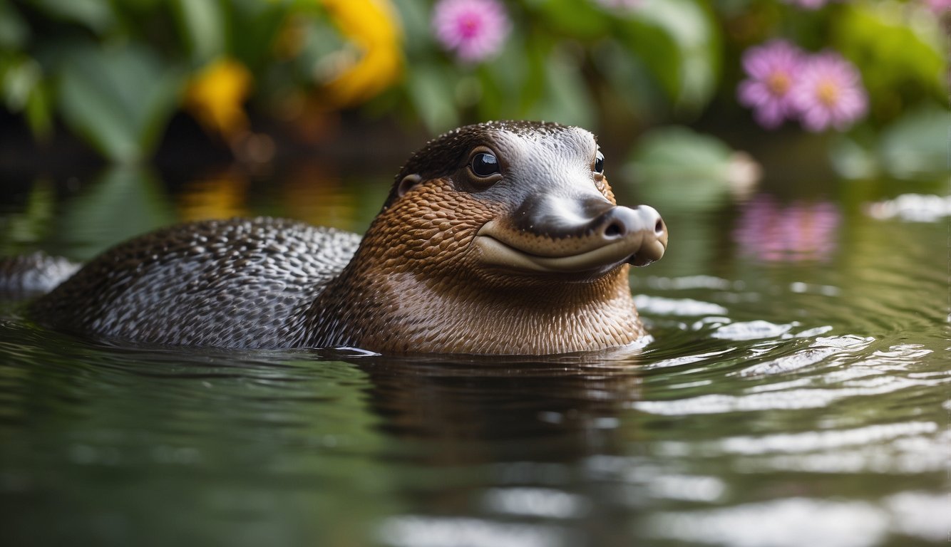 A platypus swims in a clear, flowing stream, surrounded by lush green foliage and colorful flowers.

Its unique bill and webbed feet are visible as it glides gracefully through the water