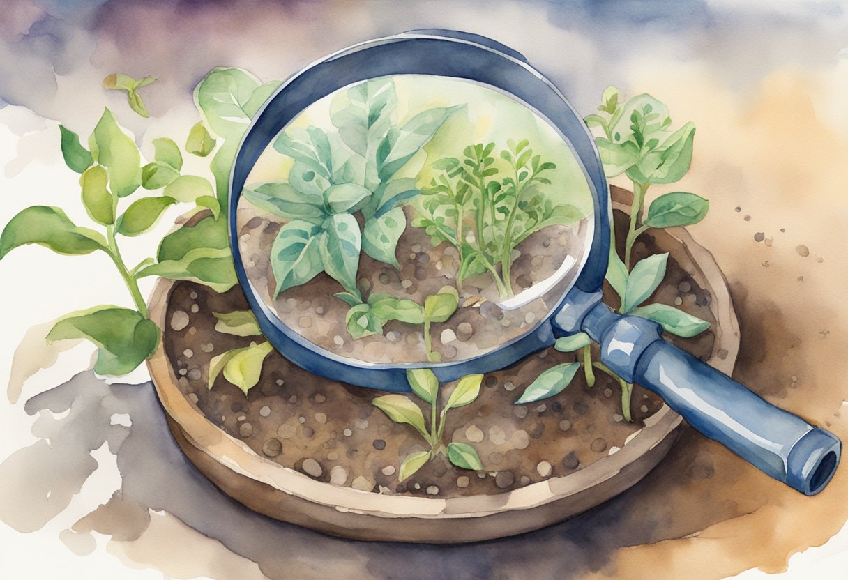 A magnifying glass hovers over a seed, surrounded by sprouting plants in a soil-filled pot