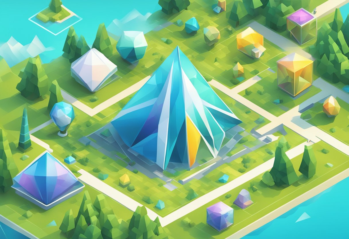 A vibrant digital landscape with interconnected geometric shapes representing the key features of Polygon for Web3 games