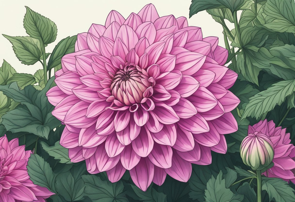 A pink dahlia blooms in a garden, surrounded by lush green foliage and delicate petals