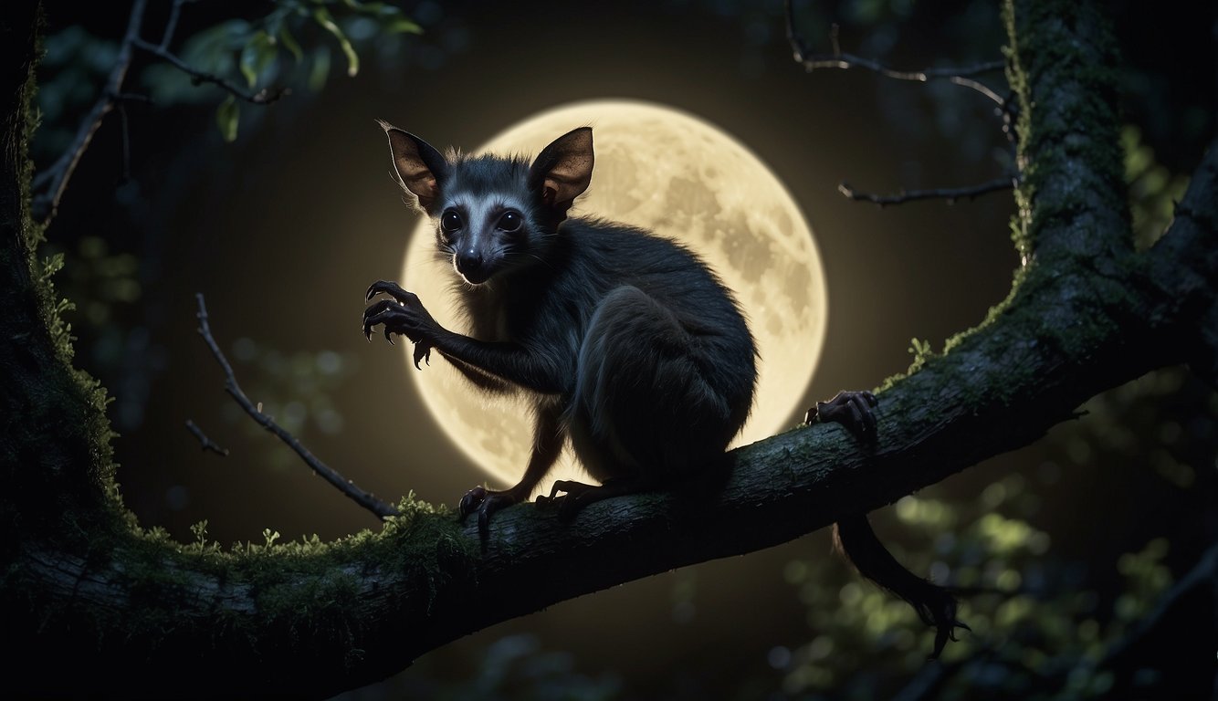 A dense forest at night, illuminated by a full moon.

A peculiar aye-aye perched on a twisted branch, its long, bony middle finger tapping on a tree trunk, searching for grubs.

Sinister shadows and glowing eyes peer