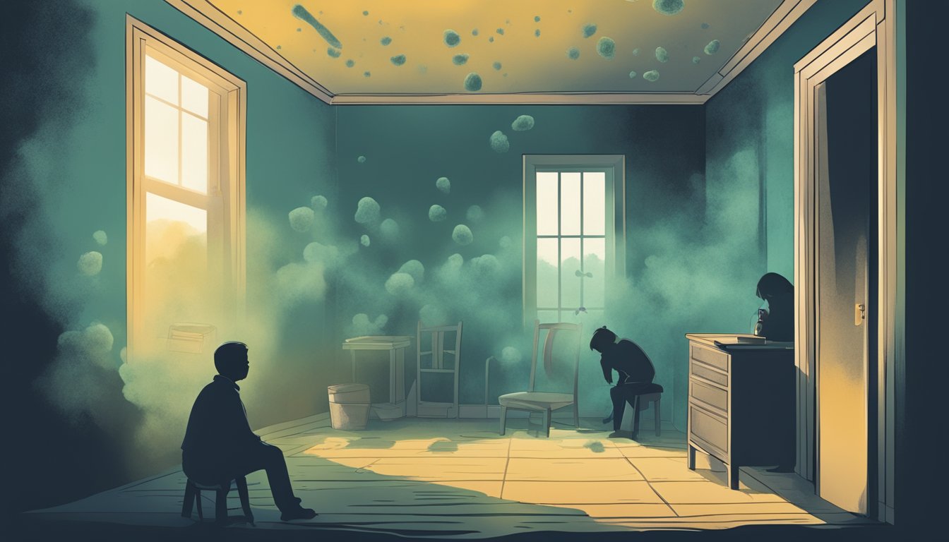 A dark, damp room with visible mold growth on walls and ceilings. Various populations (children, elderly, pregnant women) are represented by silhouettes, each showing symptoms of mold-related health issues