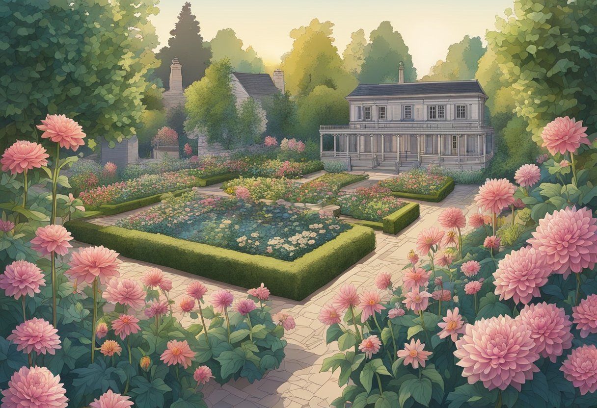 A garden with vibrant dahlias in full bloom, surrounded by historical artifacts and documents