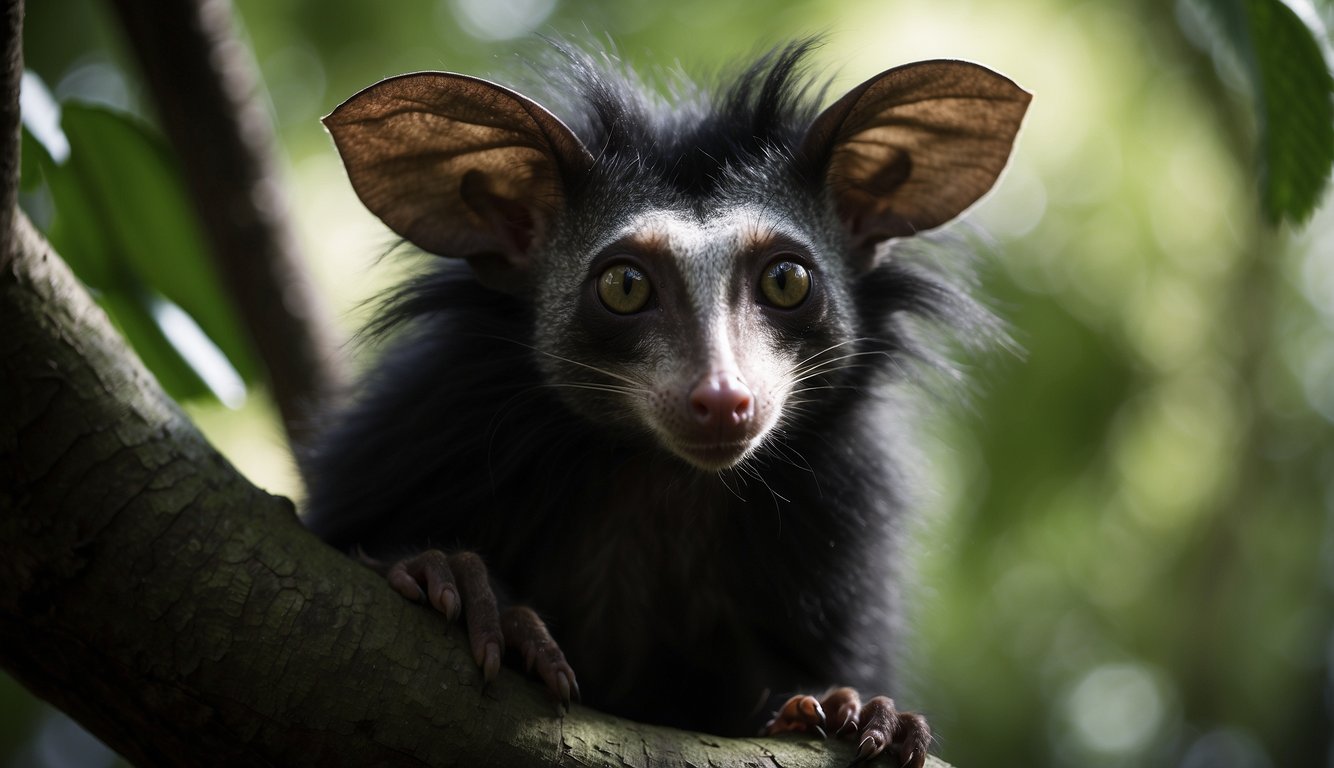 Aye-aye perched in dense jungle, with twisted branches and tangled vines.

Glowing eyes peer out from shadowy foliage, as the mysterious creature's long fingers reach out to tap on tree bark