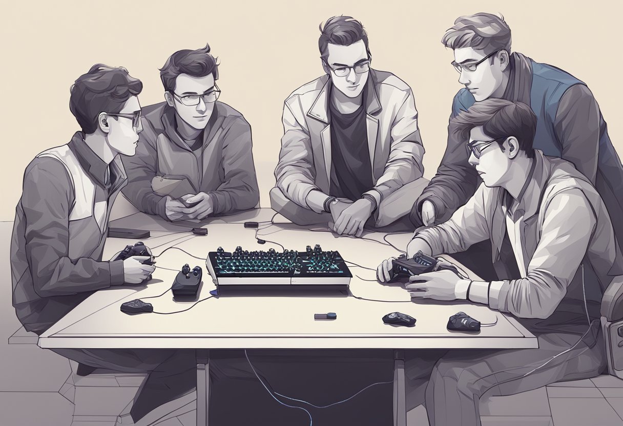 A group of founders gather around a polygon-shaped gaming console, with wires and controllers scattered on the table