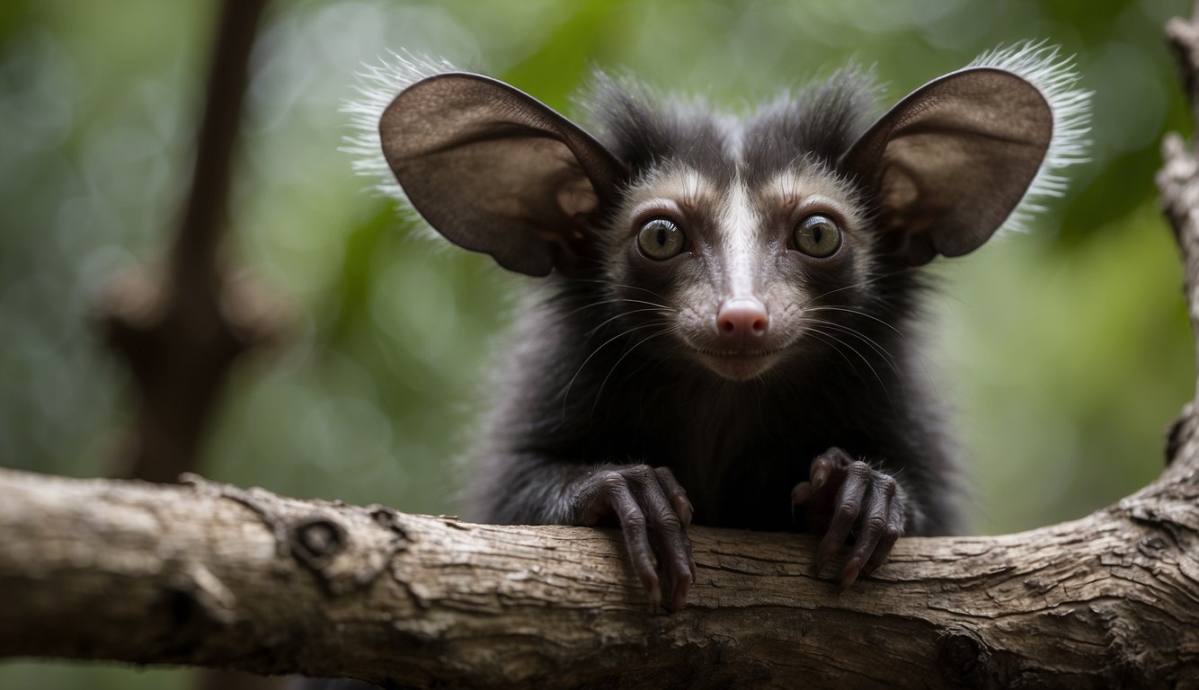 An aye-aye perched on a tree branch, using its long middle finger to tap on the bark, searching for insects.

Its large eyes scan the surroundings, ears twitching, as it listens for any signs of movement