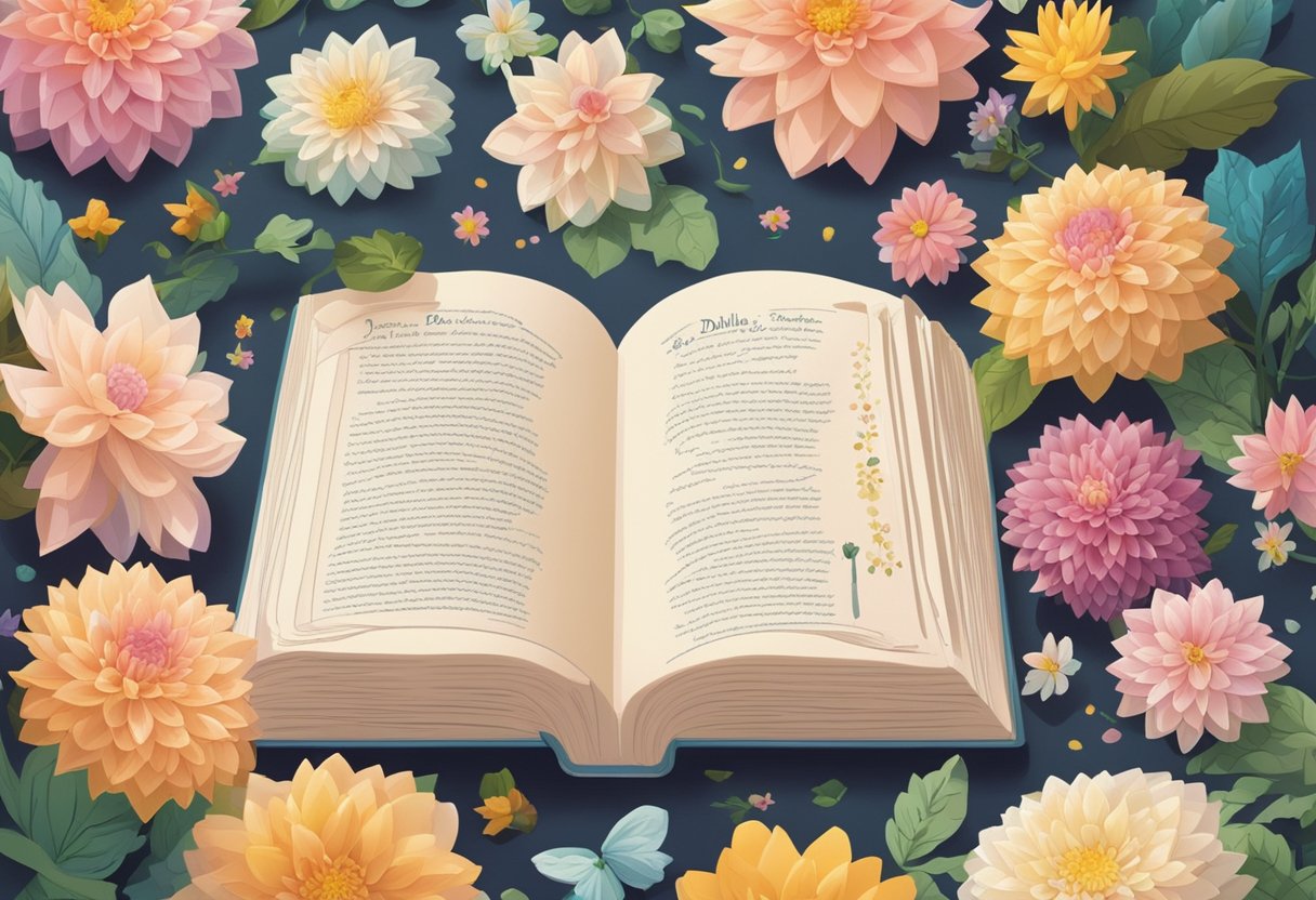 A table with a book of baby names open to the page with "Dahlia" highlighted, surrounded by colorful flowers and a soft, warm light