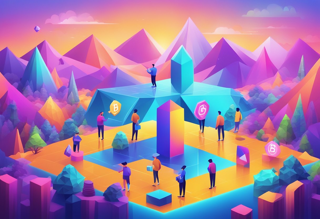 A vibrant digital world with polygonal landscapes and characters interacting with cryptocurrency symbols and transactions