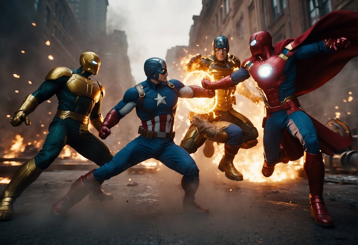 A dynamic battle scene between Marvel Rivals characters with powerful energy blasts and intense action