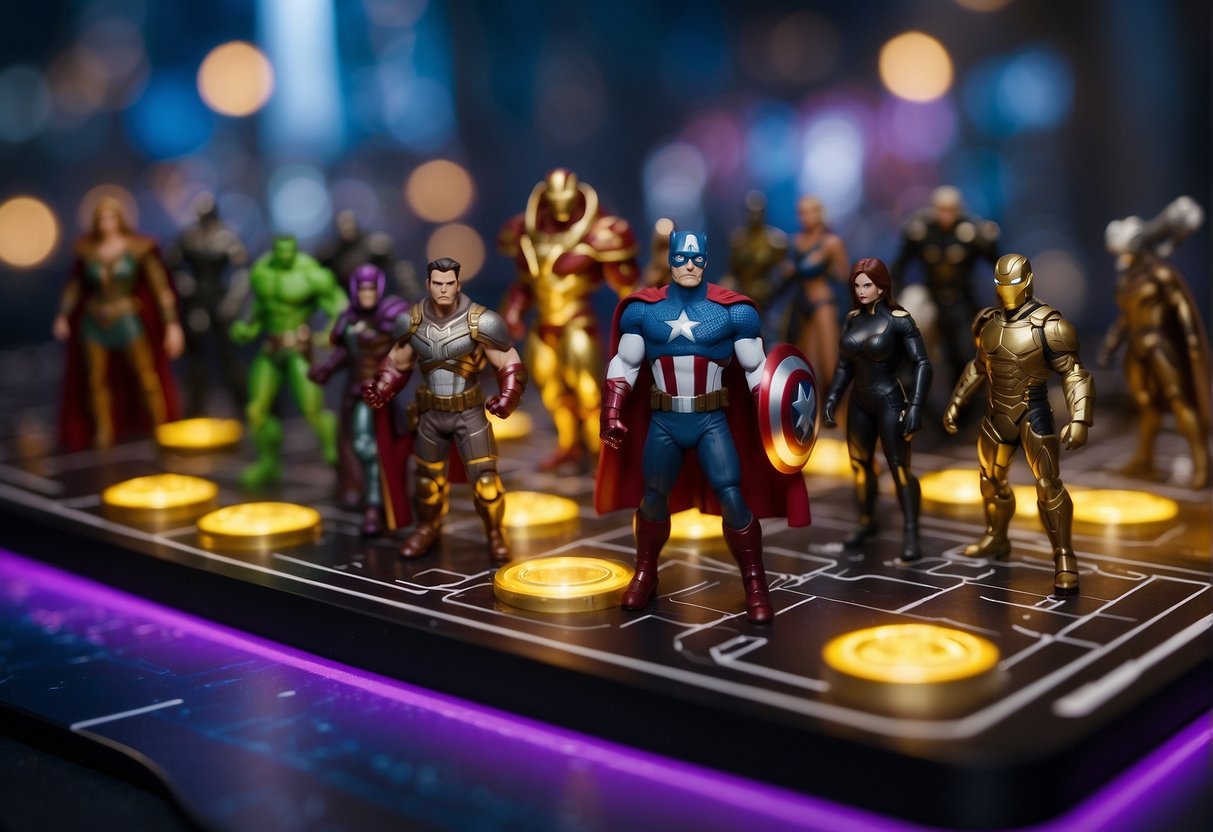The Marvel Rivals game board is set in a futuristic cityscape with towering skyscrapers and neon lights. The characters are positioned in a dynamic battle formation, ready to engage in combat