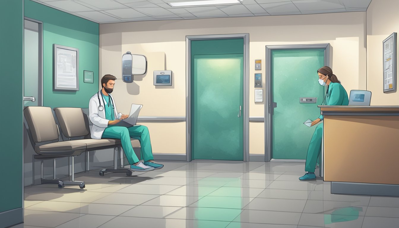A room with visible mold growth on walls and ceiling. Medical equipment and documents suggest a doctor's office. A person with tremors sits in the waiting area