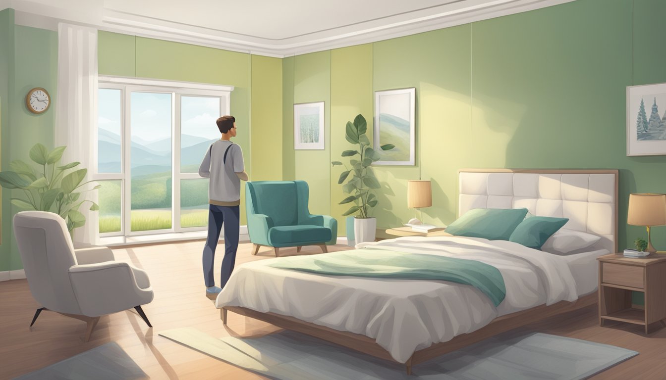 A person in a clean, well-ventilated room, with mold-free walls and furniture, feeling calm and healthy