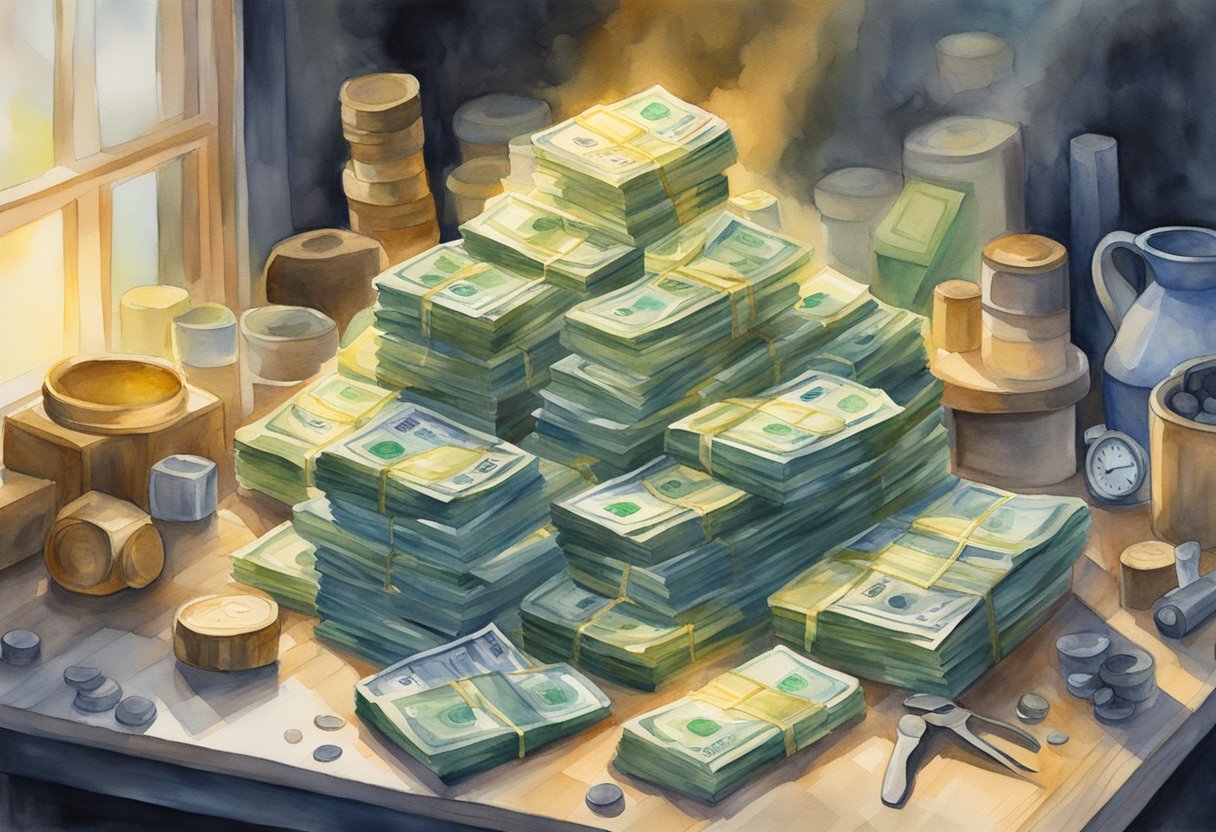 A pile of money grows under a shining light, surrounded by tools and resources