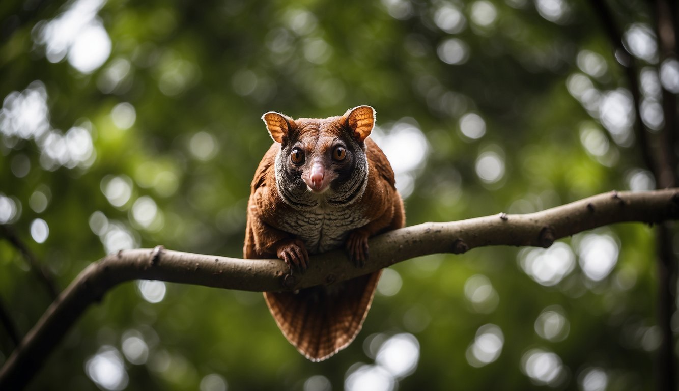 A Sunda colugo extends its neck to reveal intricate musculature and skin folds, showcasing its unique ability to glide through the forest canopy