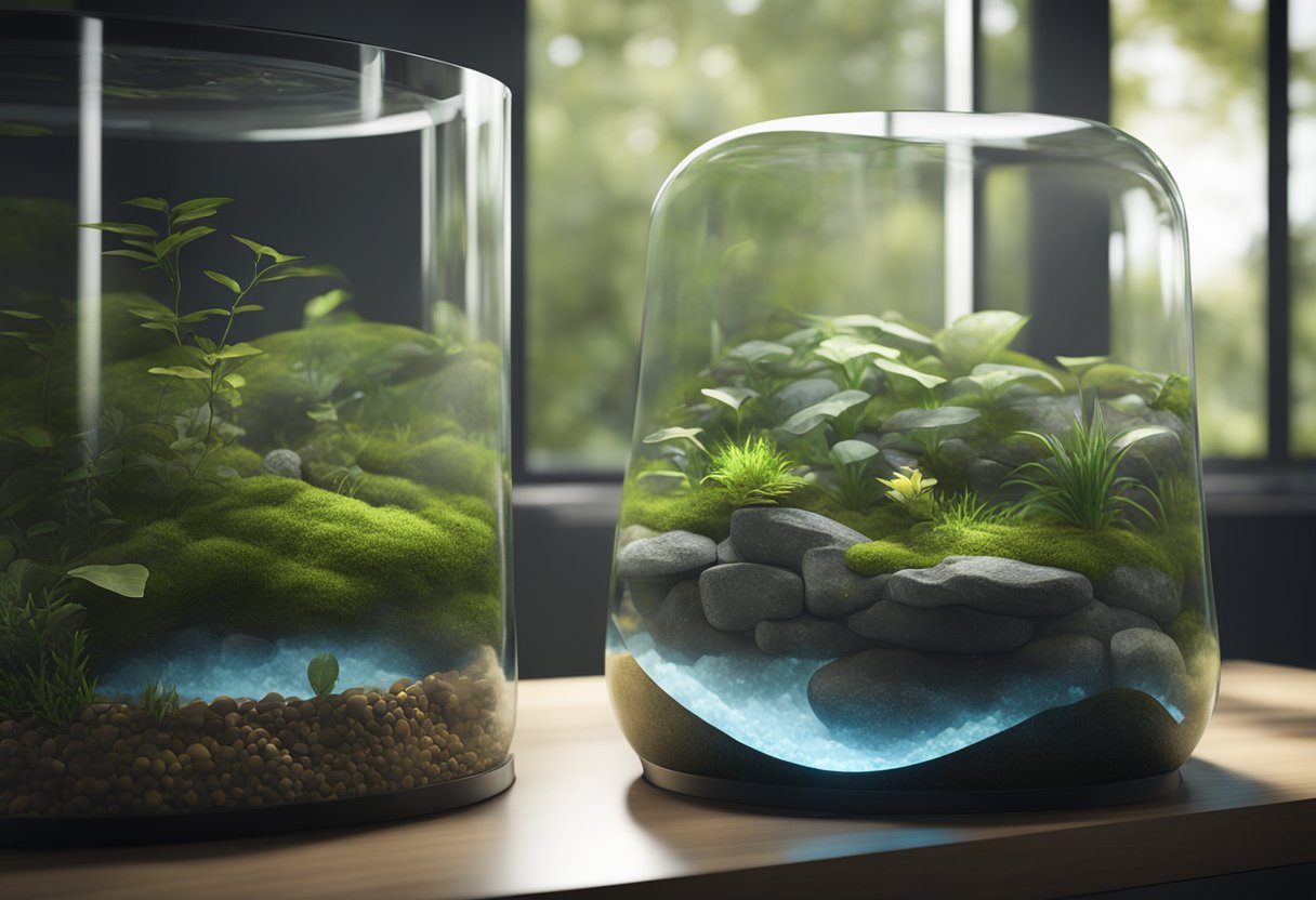 A glass tank with a natural habitat setup, including rocks, plants, and water for newts to thrive