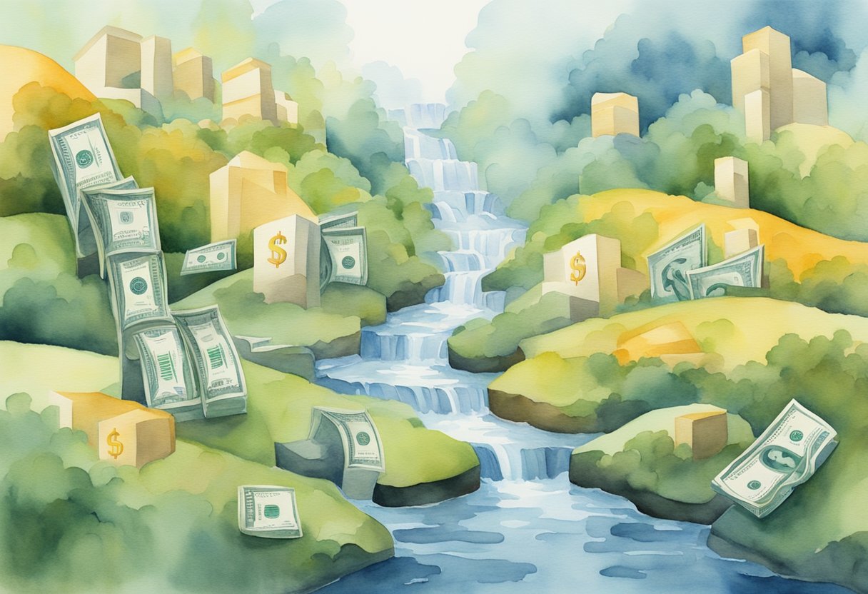 Multiple streams of income flowing into a bank, with dollar signs symbolizing passive income