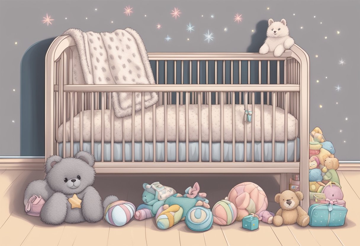 A small, fluffy blanket with the name "Denver" embroidered in soft, pastel colors, surrounded by toys and a cozy crib