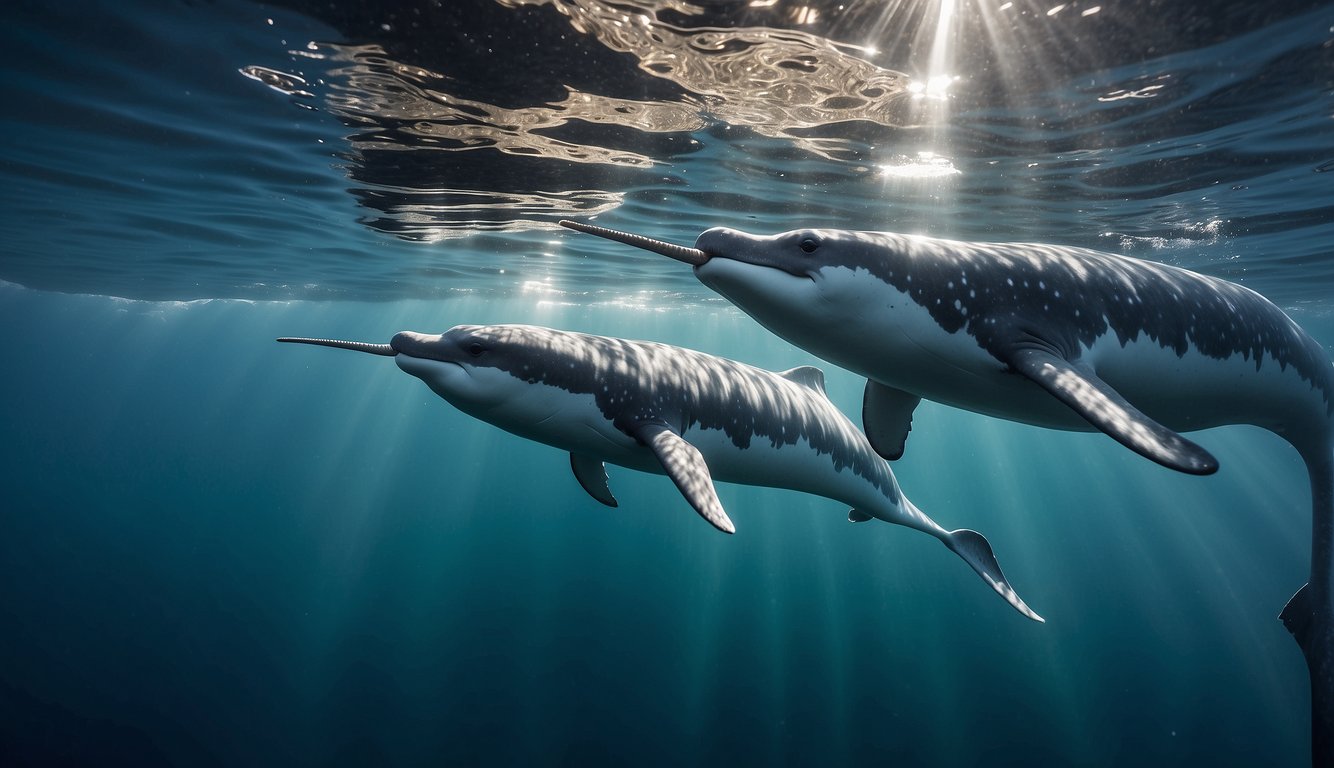 A pod of narwhals swims gracefully through crystal-clear Arctic waters, their long, spiral tusks gleaming in the sunlight as they navigate the icy depths