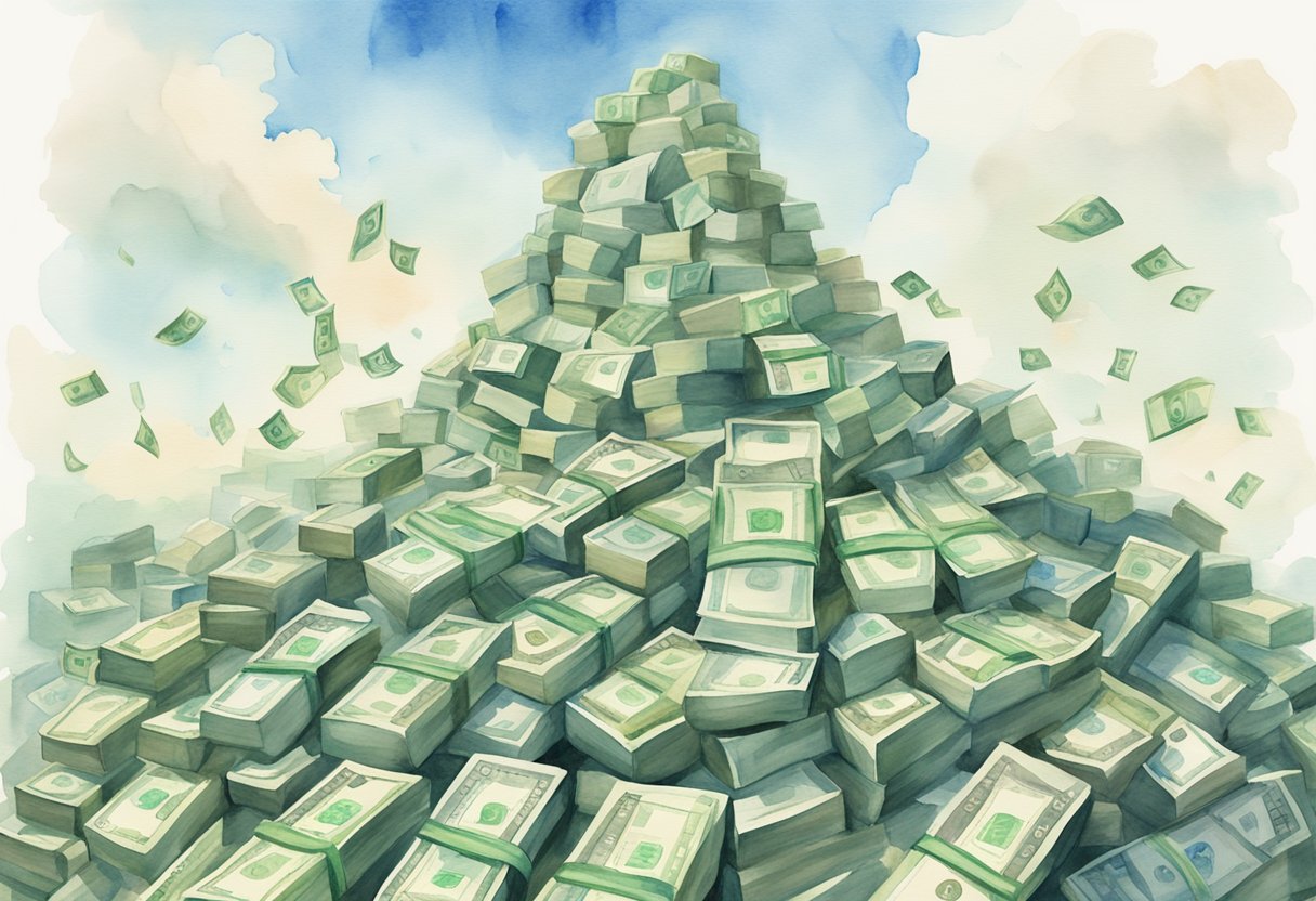 A pile of cash stacks reaching the sky, with a YouTube play button on top, symbolizing the immense wealth generated by a billion views