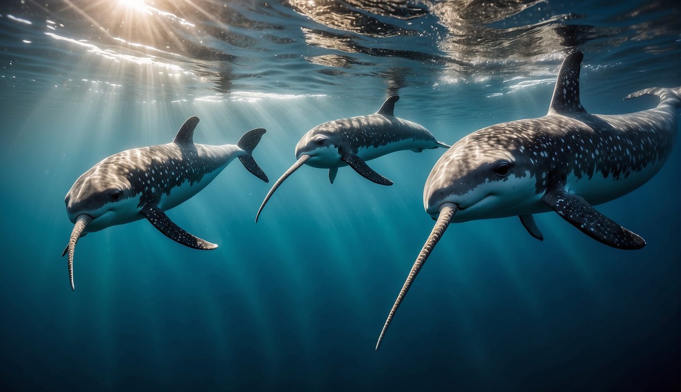 A pod of narwhals swims gracefully through crystal-clear Arctic waters, their long, spiraled tusks glinting in the sunlight as they navigate the icy depths