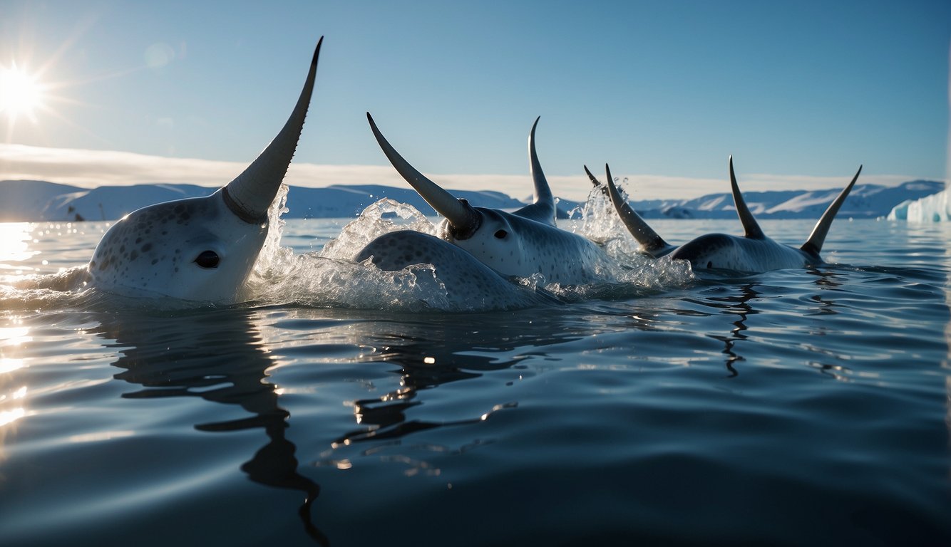 A pod of narwhals swimming gracefully in the icy Arctic waters, their long spiral tusks glistening in the sunlight as they breach the surface